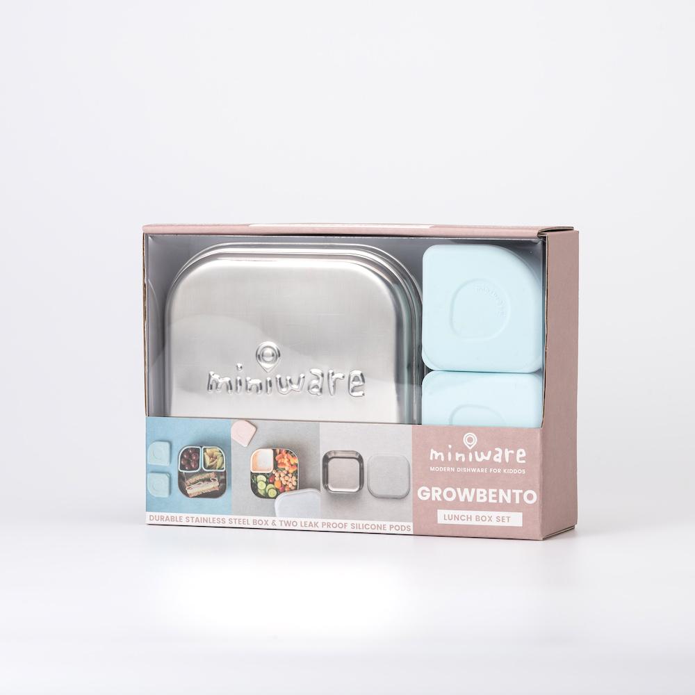 Miniware Grow Bento in Chrome with 2 silipods in Aqua