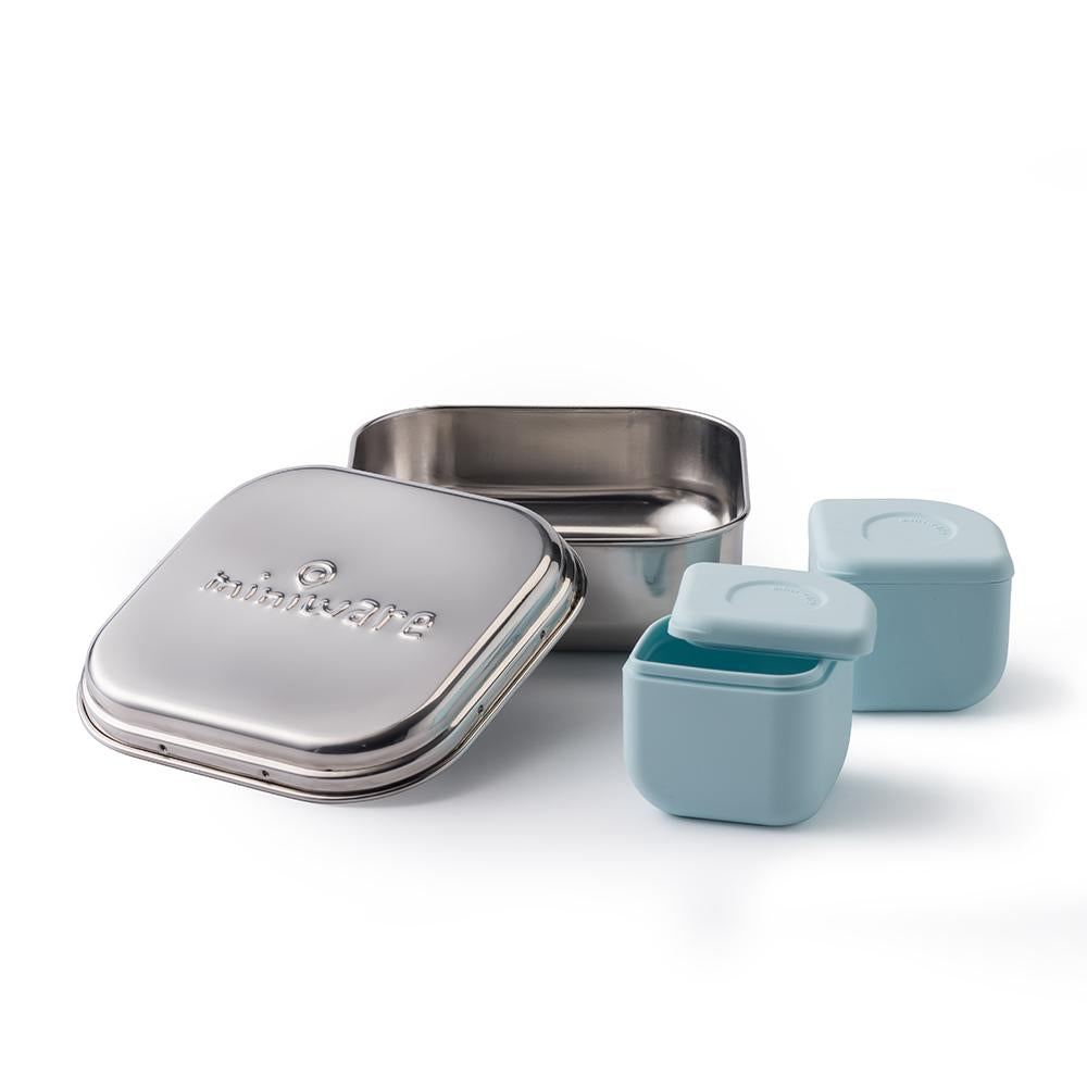 Miniware Grow Bento in Chrome with 2 silipods in Aqua