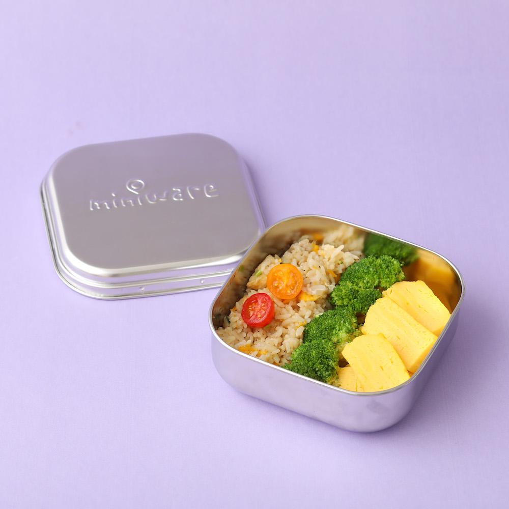 Miniware Grow Bento in Chrome with 2 silipods in Aqua