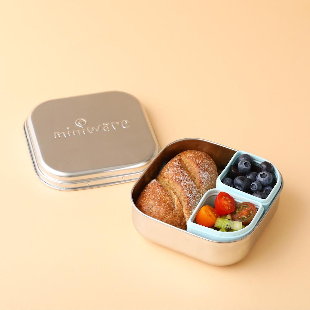 Miniware Grow Bento in Chrome with 2 silipods in Aqua