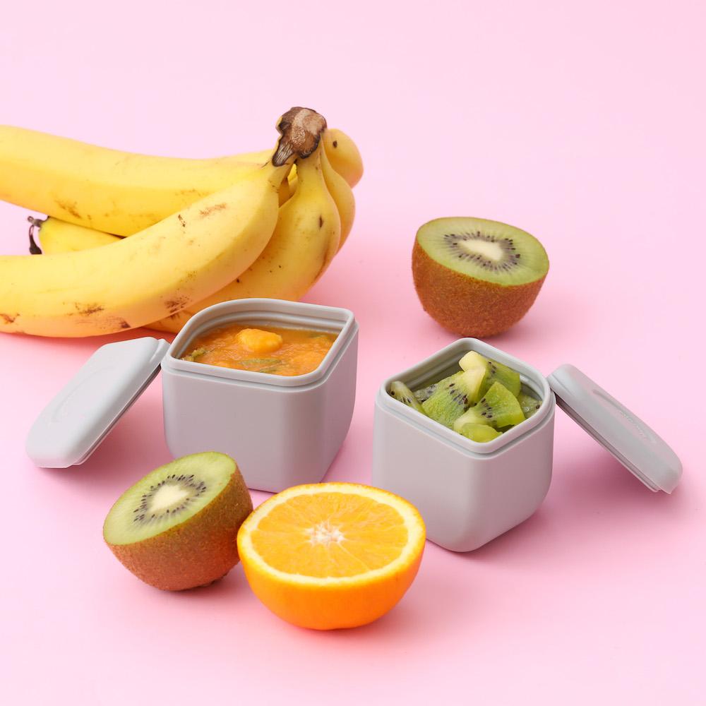 Miniware Grow Bento in Chrome with 2 silipods in Aqua