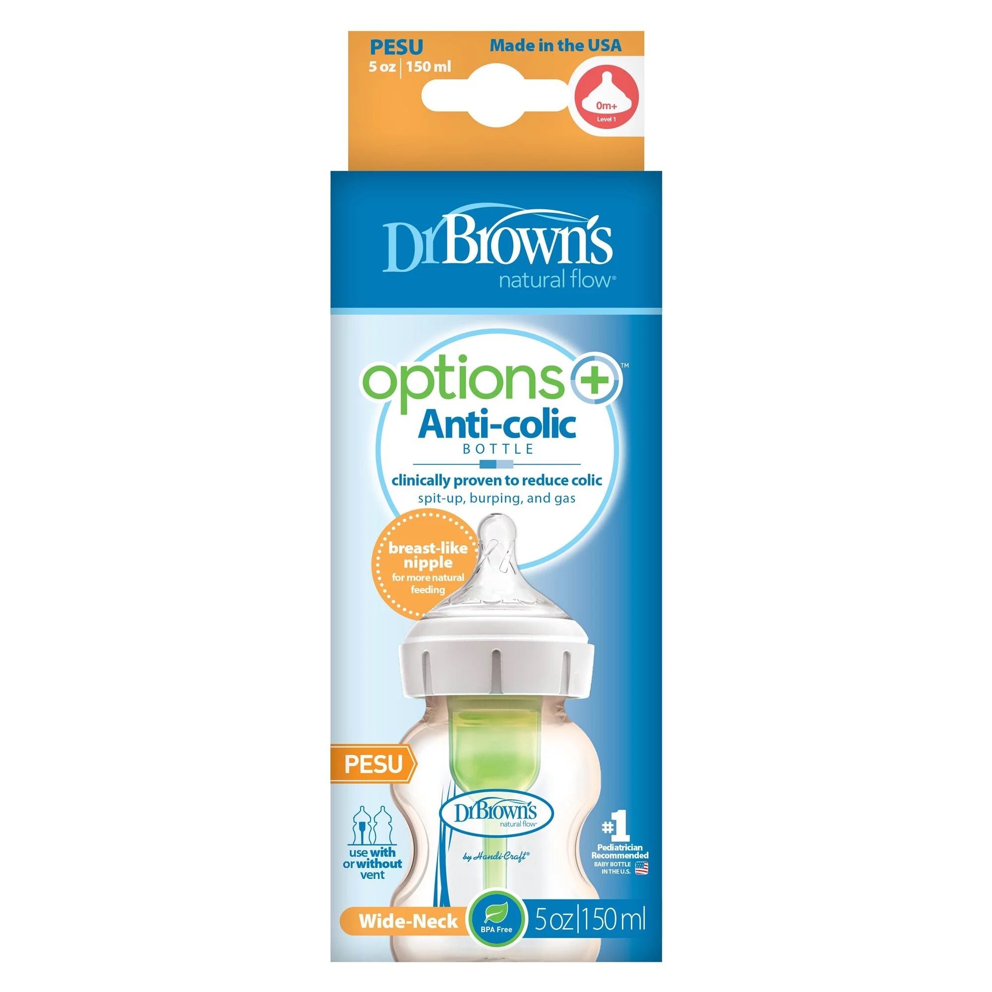 Dr Brown's Options+ Anti-Colic Bottle w/ Breast-Like Nipple - PESU 5oz